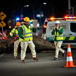 On a road, a team of three men is depicted working at night