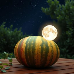 A whimsical and surreal image of a bright, full moon creatively stuck onto a vibrant watermelon