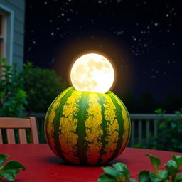 A whimsical and surreal image of a bright, full moon creatively stuck onto a vibrant watermelon