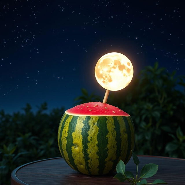 A whimsical and surreal image of a bright, full moon creatively stuck onto a vibrant watermelon