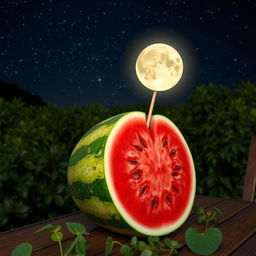 A whimsical and surreal image of a bright, full moon creatively stuck onto a vibrant watermelon