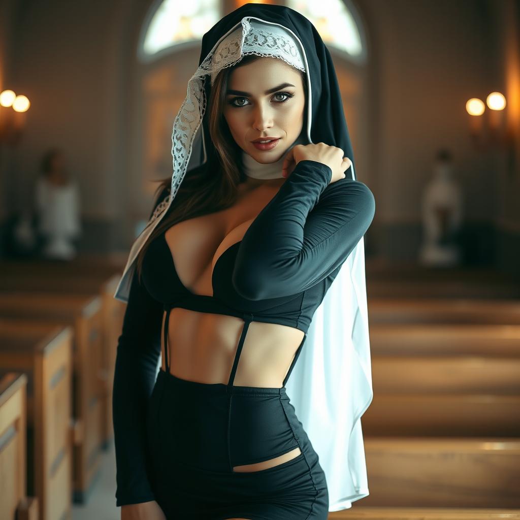 A seductive 25-year-old woman dressed as a sexy nun, showcasing a mix of traditional nun attire and modern, alluring elements