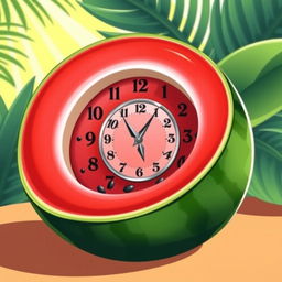 A vibrant and colorful illustration of a watermelon, sliced in half to showcase its juicy red interior and black seeds