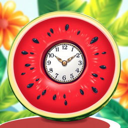 A vibrant and colorful illustration of a watermelon, sliced in half to showcase its juicy red interior and black seeds