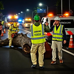 On a road at night, a team of three men is engaged in work