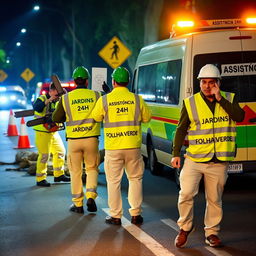 On a road at night, a team of three men is engaged in work