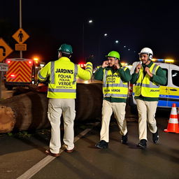 On a road at night, a team of three men is engaged in work