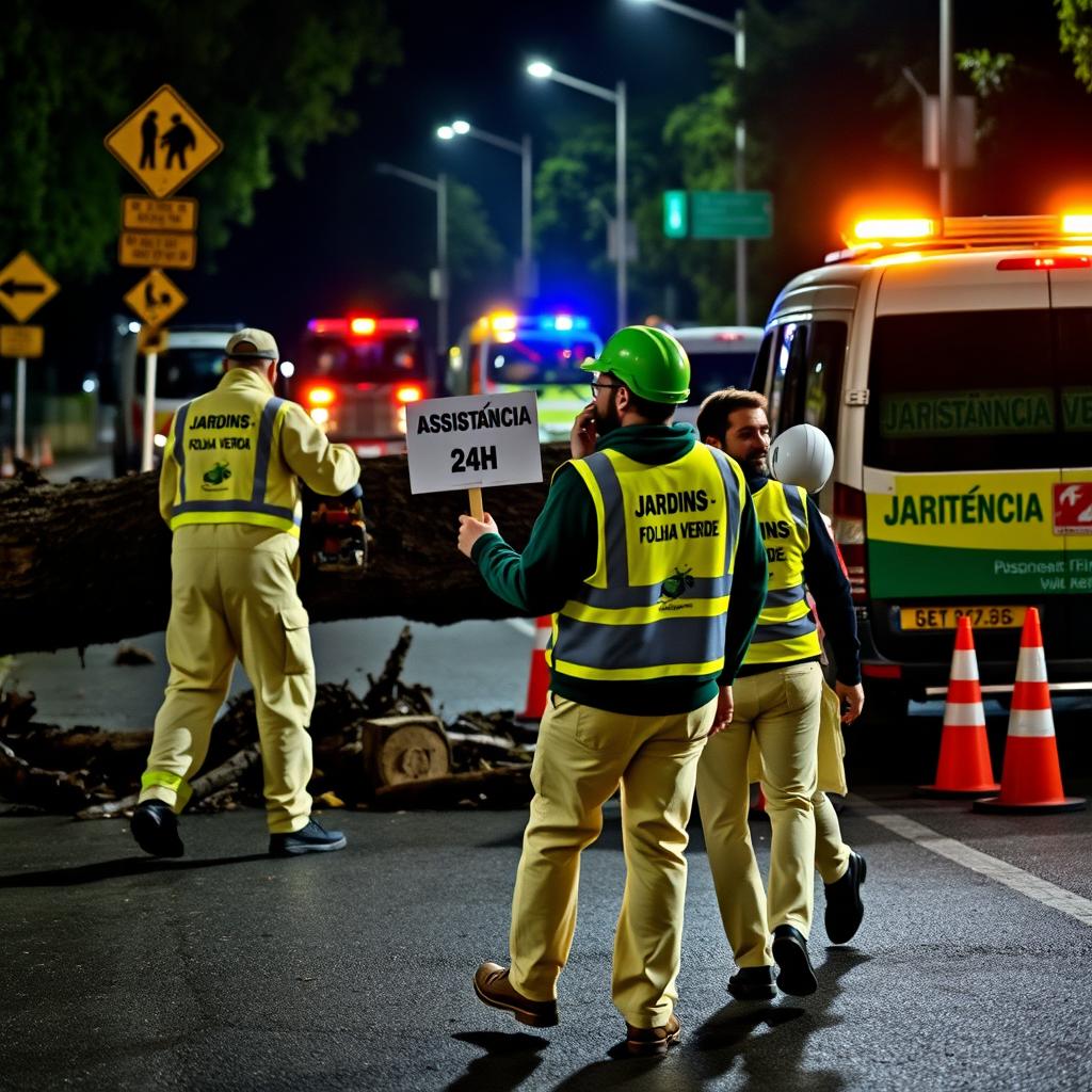 On a road at night, a team of three men is engaged in work