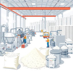 A detailed and visually informative illustration of calcium carbonate powder in a factory setting