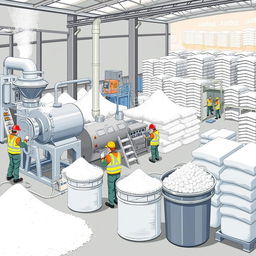 A detailed and visually informative illustration of calcium carbonate powder in a factory setting