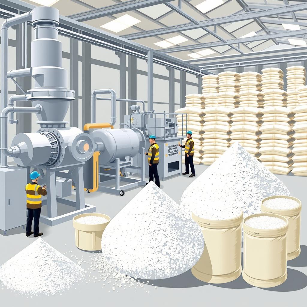 A detailed and visually informative illustration of calcium carbonate powder in a factory setting