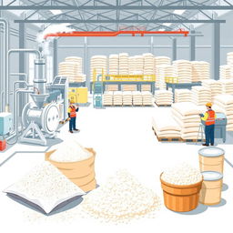 A detailed and visually informative illustration of calcium carbonate powder in a factory setting