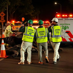 On a road at night, a team of three men is seen working in an emergency situation