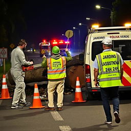 On a road at night, a team of three men is seen working in an emergency situation