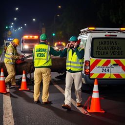 On a road at night, a team of three men is seen working in an emergency situation