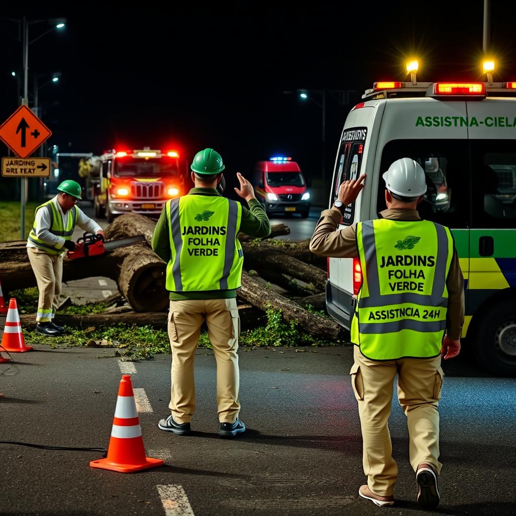 On a road at night, a team of three men is seen working in an emergency situation