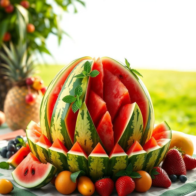 A creative and artistic representation of a watermelon, featuring an intricately designed watermelon carved into a beautiful centerpiece