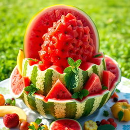 A creative and artistic representation of a watermelon, featuring an intricately designed watermelon carved into a beautiful centerpiece