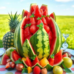 A creative and artistic representation of a watermelon, featuring an intricately designed watermelon carved into a beautiful centerpiece