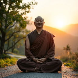 A 30-year-old male monk in serene meditation, dressed in traditional brown robes, sitting cross-legged on a tranquil mountain path