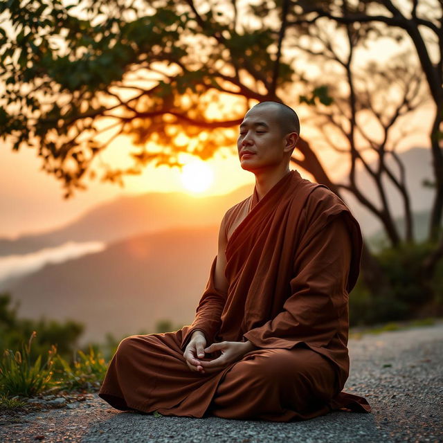 A 30-year-old male monk in serene meditation, dressed in traditional brown robes, sitting cross-legged on a tranquil mountain path