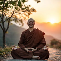A 30-year-old male monk in serene meditation, dressed in traditional brown robes, sitting cross-legged on a tranquil mountain path