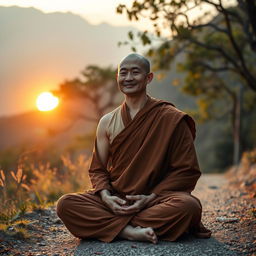 A 30-year-old male monk in serene meditation, dressed in traditional brown robes, sitting cross-legged on a tranquil mountain path