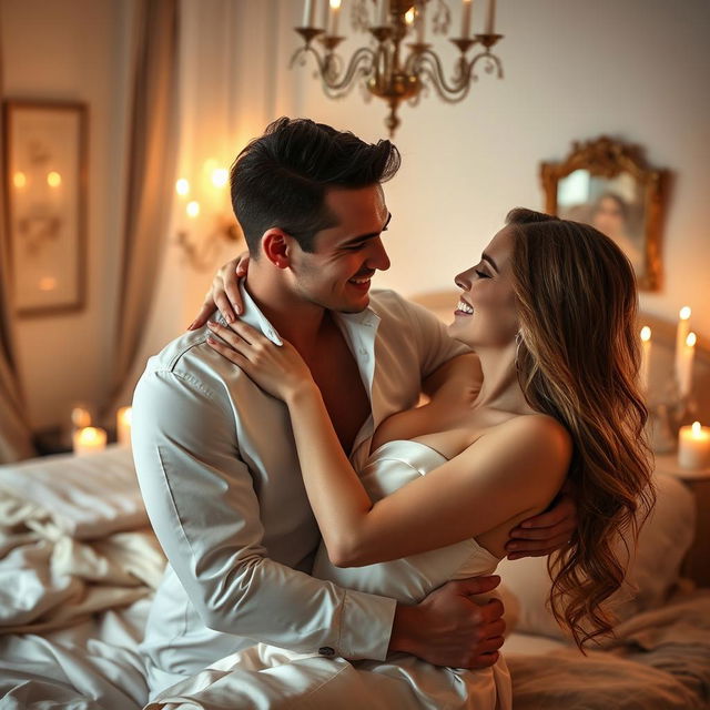 A sensual and romantic scene depicting an intimate moment between a couple in an elegant bedroom