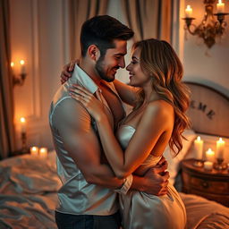 A sensual and romantic scene depicting an intimate moment between a couple in an elegant bedroom