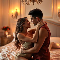 A sensual and romantic scene depicting an intimate moment between a couple in an elegant bedroom