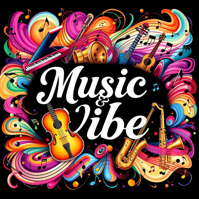 A vibrant and artistic composition featuring the words 'Music & Vibe' beautifully centered in an elegant font