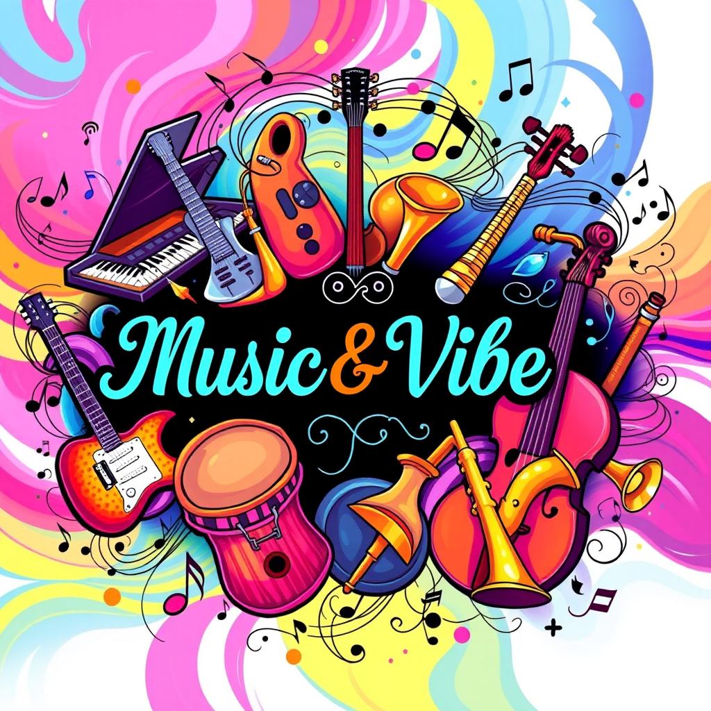 A vibrant and artistic composition featuring the words 'Music & Vibe' beautifully centered in an elegant font