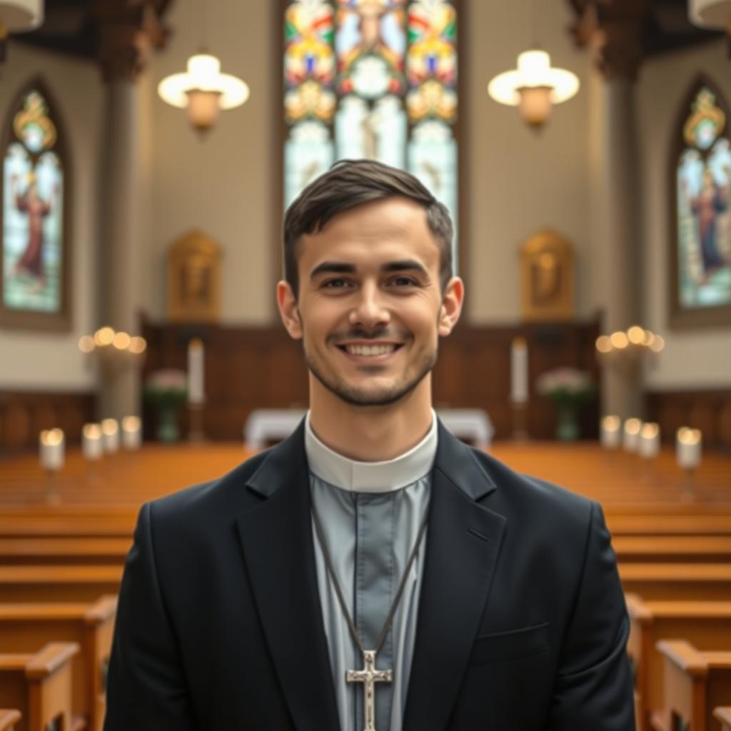 A 30-year-old male priest standing in a beautiful church, wearing traditional clerical attire including a black suit, white collar, and a small cross around his neck