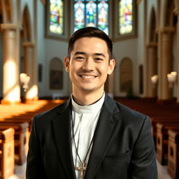 A 30-year-old male priest standing in a beautiful church, wearing traditional clerical attire including a black suit, white collar, and a small cross around his neck