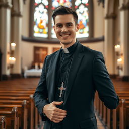 A 30-year-old male priest standing in a beautiful church, wearing traditional clerical attire including a black suit, white collar, and a small cross around his neck