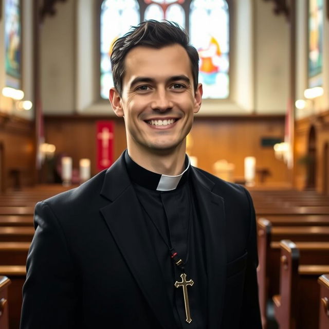 A 30-year-old male priest standing in a beautiful church, wearing traditional clerical attire including a black suit, white collar, and a small cross around his neck