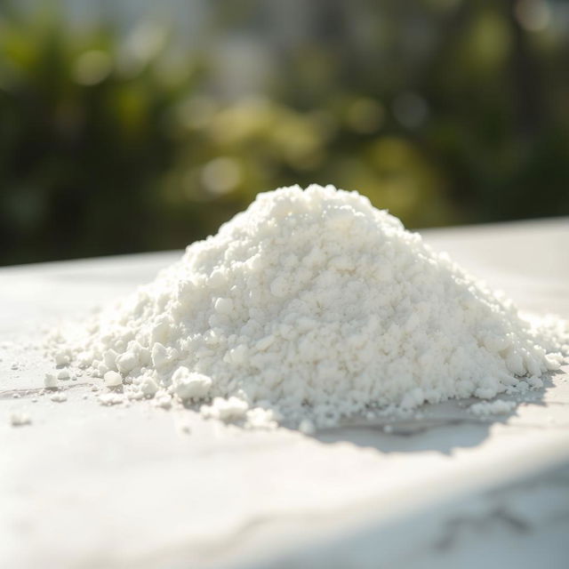 A close-up image of a pile of fine calcium carbonate powder on a smooth, marble surface