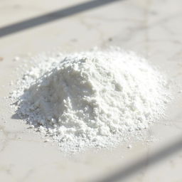 A close-up image of a pile of fine calcium carbonate powder on a smooth, marble surface