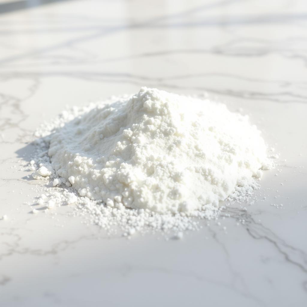 A close-up image of a pile of fine calcium carbonate powder on a smooth, marble surface