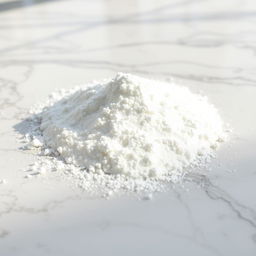 A close-up image of a pile of fine calcium carbonate powder on a smooth, marble surface