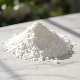 A close-up image of a pile of fine calcium carbonate powder on a smooth, marble surface
