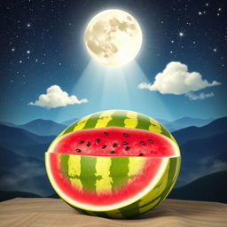A whimsical and creative image featuring a large, vibrant watermelon, sliced in half to showcase its juicy pink interior with black seeds, placed against a beautiful nighttime sky filled with twinkling stars