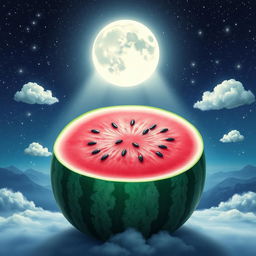 A whimsical and creative image featuring a large, vibrant watermelon, sliced in half to showcase its juicy pink interior with black seeds, placed against a beautiful nighttime sky filled with twinkling stars