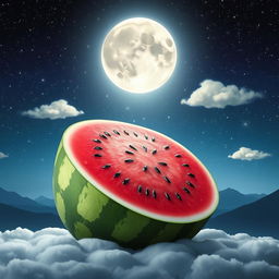 A whimsical and creative image featuring a large, vibrant watermelon, sliced in half to showcase its juicy pink interior with black seeds, placed against a beautiful nighttime sky filled with twinkling stars