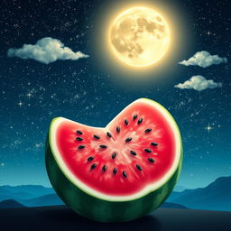 A whimsical and creative image featuring a large, vibrant watermelon, sliced in half to showcase its juicy pink interior with black seeds, placed against a beautiful nighttime sky filled with twinkling stars