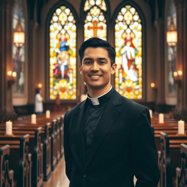 A full-body portrait of a 30-year-old male priest standing confidently in a beautiful church setting