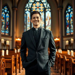 A full-body portrait of a 30-year-old male priest standing confidently in a beautiful church setting