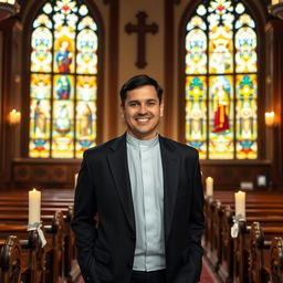 A full-body portrait of a 30-year-old male priest standing confidently in a beautiful church setting