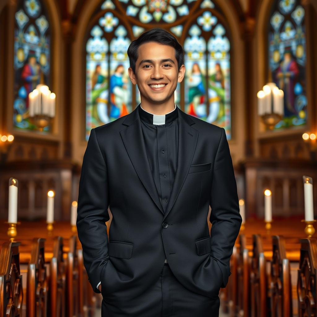 A full-body portrait of a 30-year-old male priest standing confidently in a beautiful church setting