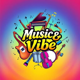A vibrant and lively illustration featuring the title 'Music & Vibe' in the center in an artistic, bold font